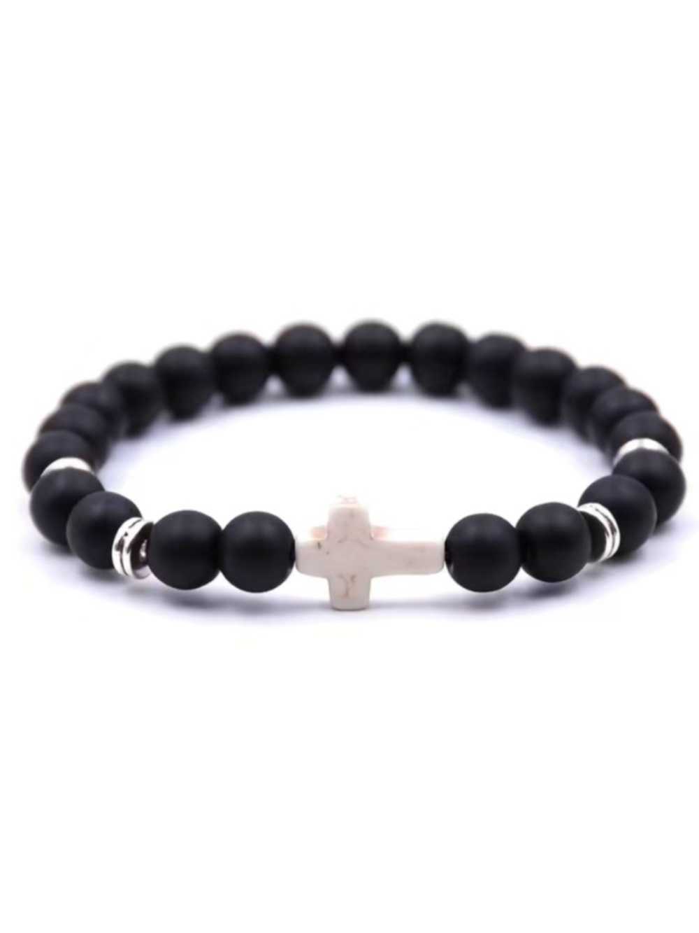 Black Matte Onyx Beaded Bracelet | White Howlite Cross | Stretch 8mm Unisex